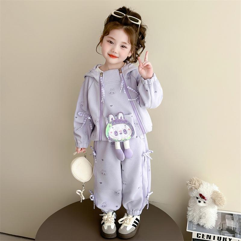 

2025 Girls Autumn Heart Bow Pullover & Zipper Jacket Pants Set 110 cm