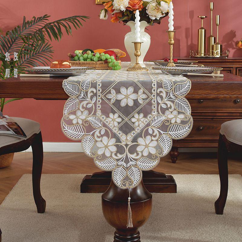 Elegant Table Runner with Coffee-Colored Floral Embroidery and Lace Detailing - Ideal for Home, Festive Outdoor Picnics, Parties, and Weddings