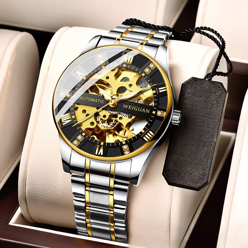 Relógio mecânico totalmente automático masculino oco negócios à prova d'água luminoso moda