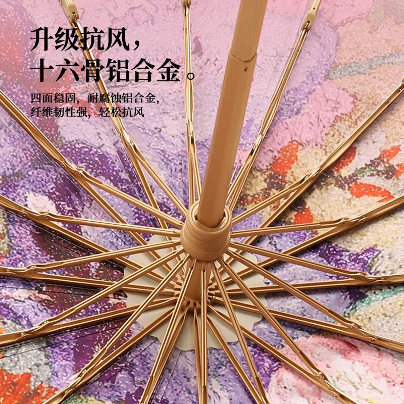 2025 Three-fold 16-bone Retro Oil Painting Paint Glue Umbrella Solid Wood Handle Parasol Sun Umbrella