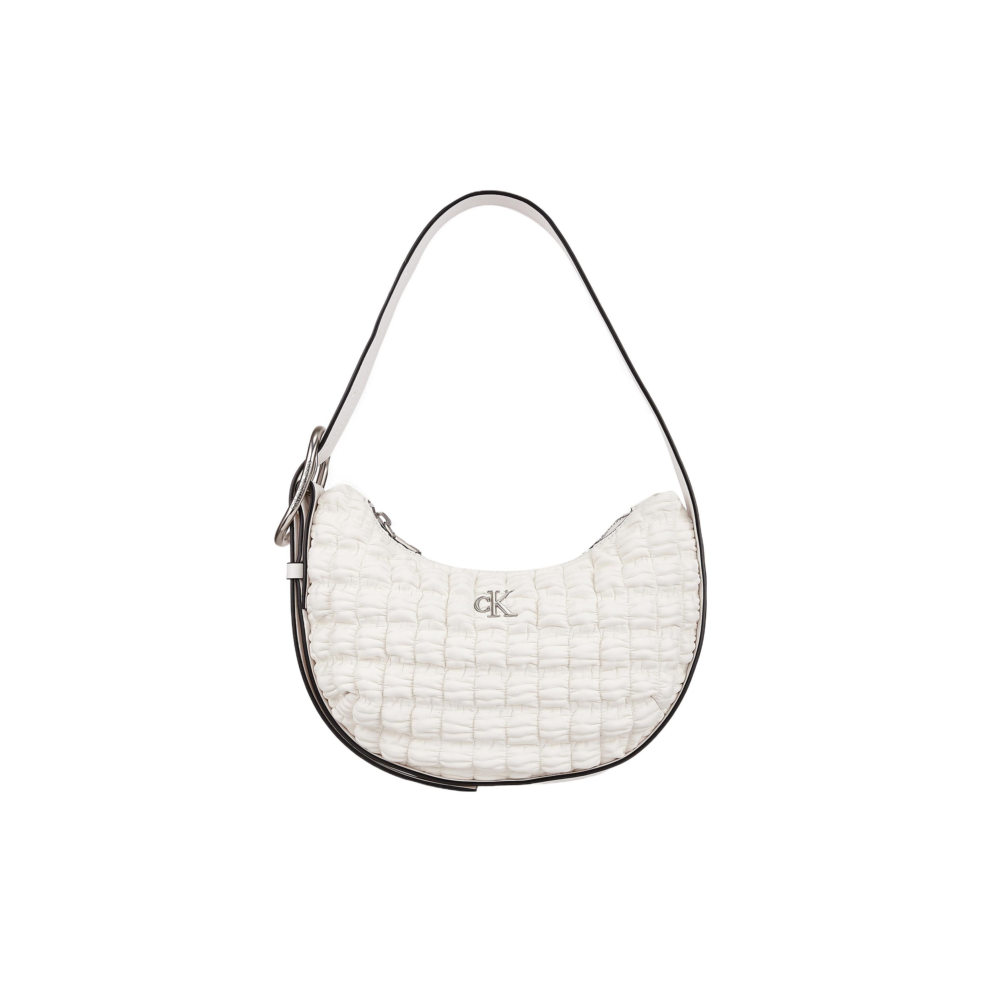 

Calvin Klein Silver Letter Logo Pleated Check Texture Zipper Closure PU Half Moon Handheld Shoulder Bag Women bags Ivory DH3442-114 Ivory White