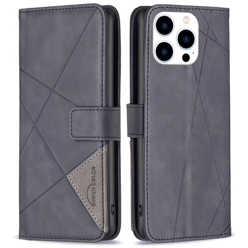 

BINFEN COLOR For iPhone 16 Pro Max Phone Cases Wallet Stand Geometry Imprint Leather Cover Black