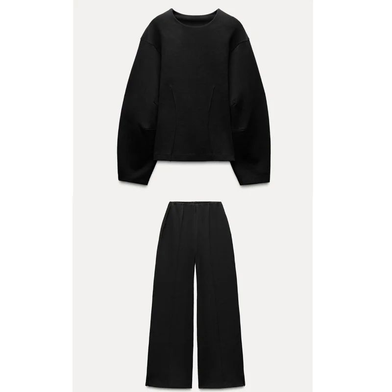 

Loose O-neck Top Wide Leg Pants Set Loose O Collar Top Wide Leg Pants Set Black set S