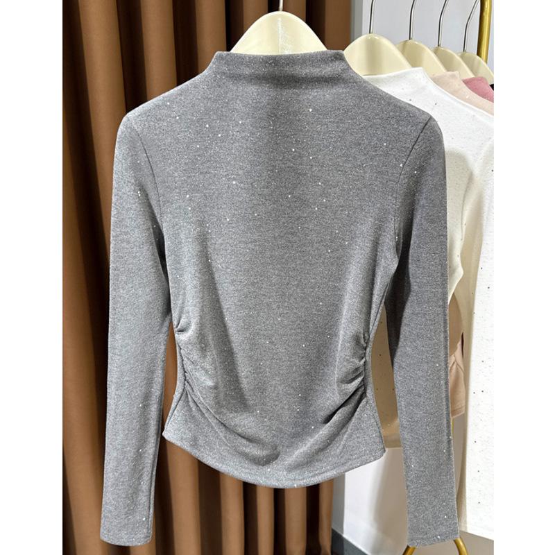 Ribbed Plush Sequined Half-High Collar Long Sleeve Top for Women – Autumn/Winter Stylish Inner Layer