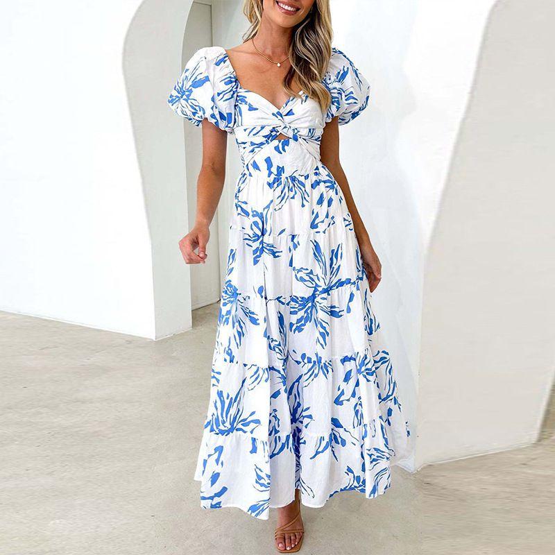

Sweet Dress2024 Fashion Summer and Autumn New Women s Clothing Sweet Elegance Florals Hollow out Shoulder-Baring Dress Blue White L