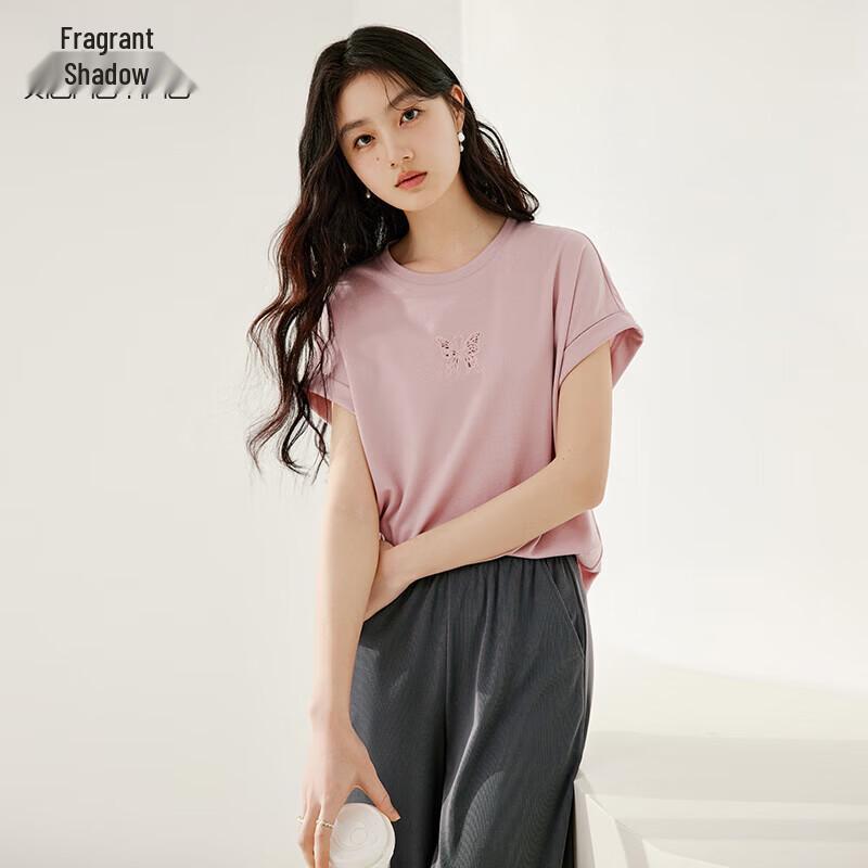 Xiangying Women s 2025 Summer Pink Loose Fit Round Neck T-Shirt M