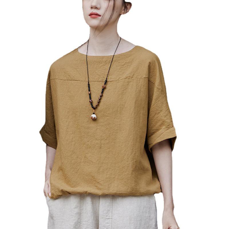 Summer Cotton Linen Women's Retro Patchwork Round Neck Short Sleeve Top