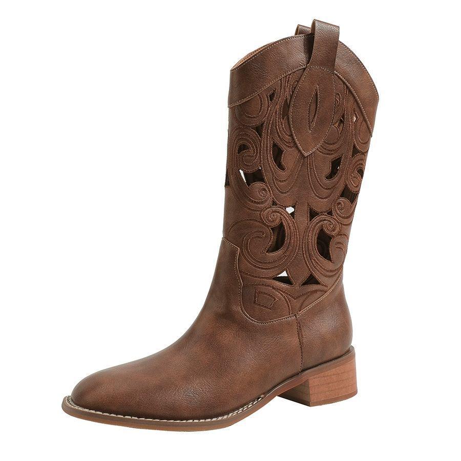 Botas Western Cowboy Bordadas de Couro Macio Femininas - Marrom Retrô Cano Médio Estilo Deserto de Verão (2025)
