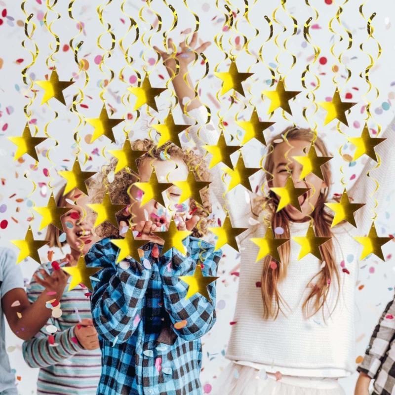 Sparkling Gold Star Party Hanging Pendant Christmas Spirals Ornament for Wedding Birthdays and Holiday Celebration