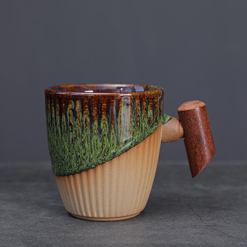 Coarse pottery coffee cup medieval cup wooden handle mug niche kiln change Japanese retro ceramic water cup afternoon tea cup