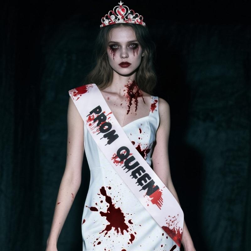 Halloween Abschlussballkönigin Kostüm Blutiges Nachthemd Kleid Abschlussballkönigin Schärpe Kronen Stirnband Cosplay Verkleidungsparty Zubehör