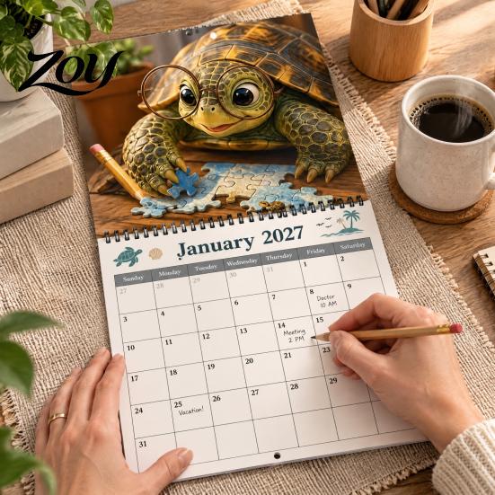 Creative Gift for Turtle Lovers 2025 Themed Wall Calendar, 12 Month Hanging Planner with Thick Decorative Animal Art Calendar Cotton Pulp Paper