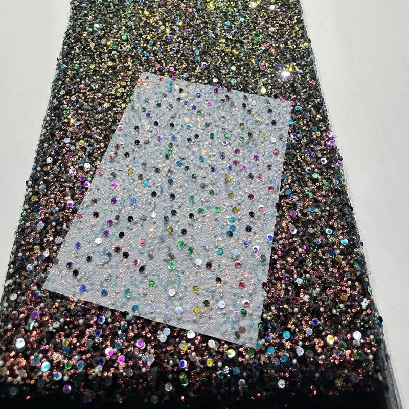 Multicolored Beaded Tube Embroidery Mesh Fabric Sequin Embroidery Fabric Fashionable Evening Princess Dress Performance 1Yard