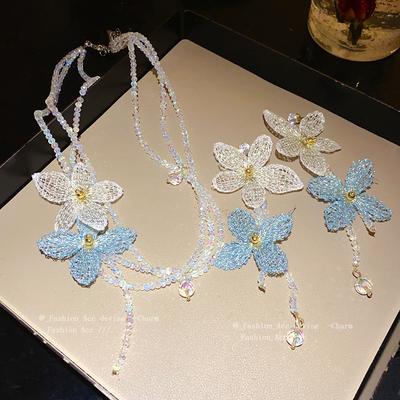 Korean Glass Flower Multi-layer Beaded Necklace Small Fresh Super Fairy Versatile Collarbone Chain Beach Vacation Style Necklace Women