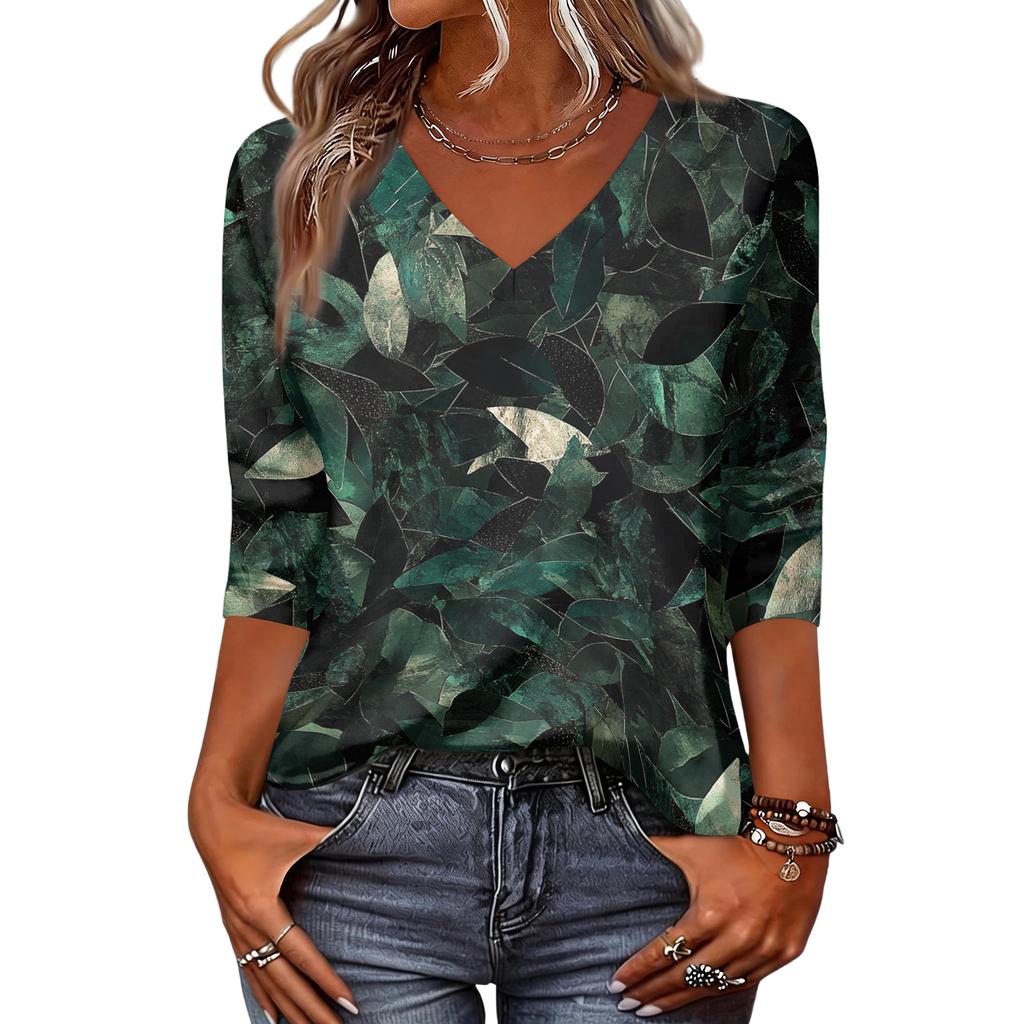 Womens Spring Tops V Neck Floral Print Summer Shirts for Women Casual 3/4 Sleeve Womens Summer Shirts Lightweight Blouse