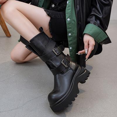 Retro buty rycerskie do połowy łydki na grubej podeszwie damskie nowe botki z klamrą w jesień i zimę 2025 jednolity kolor