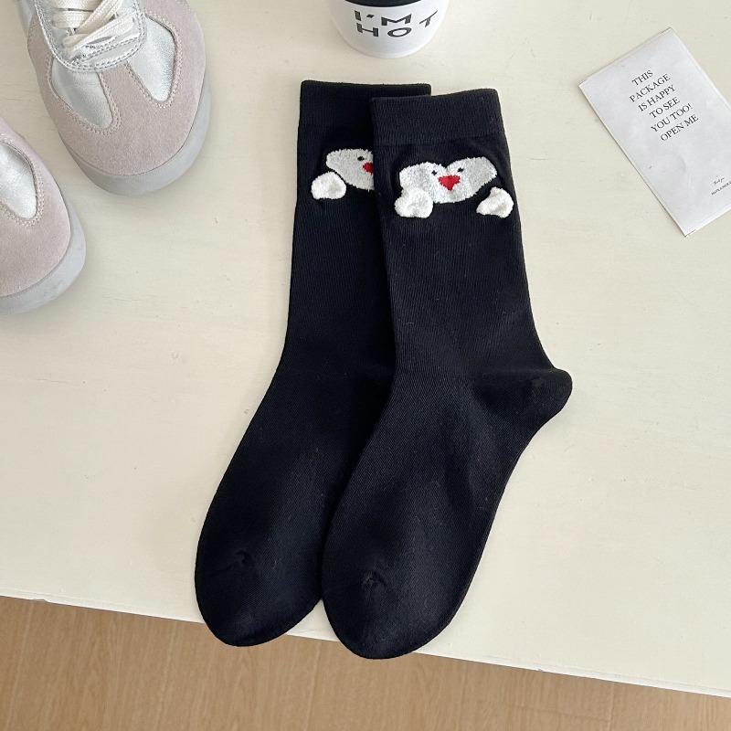 

Милые женские носки с пингвинами, носки до середины икры, мультяшные флокированные животные, бесшовные хлопковые носки с махрой для осени и зимы 1 pair чёрный
