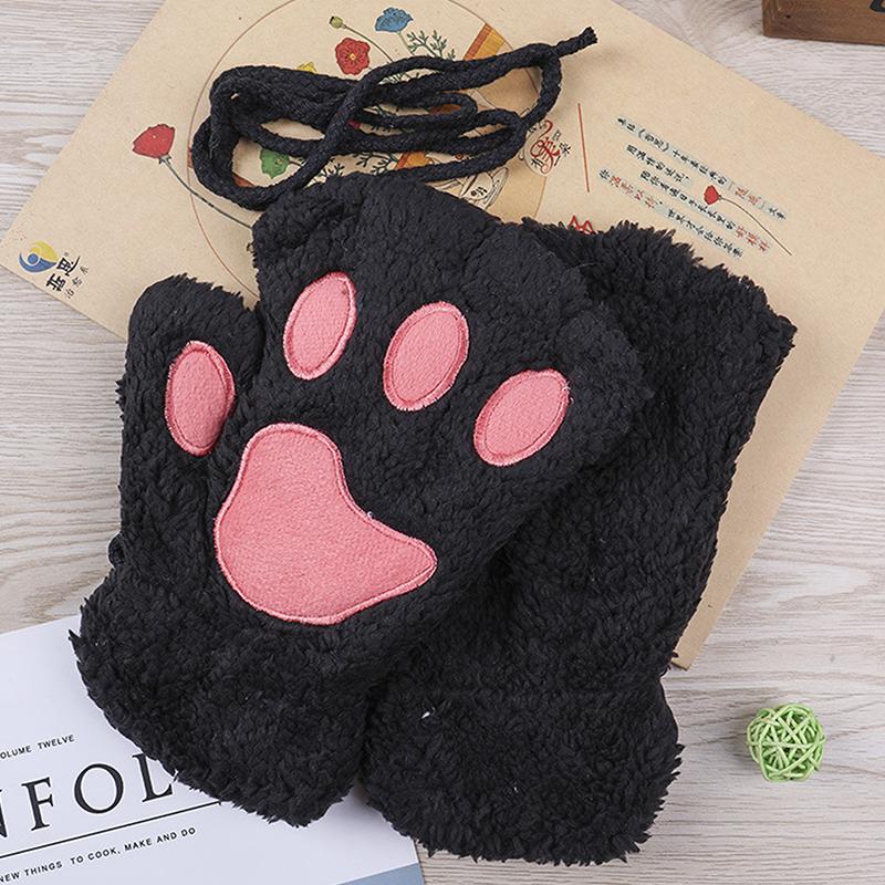 Cartoon Cute Cat Claw Gloves Women Plush Mittens Warm Soft Plush Short Fingerless Fluffy Gloves Winter Half Finger Gloves