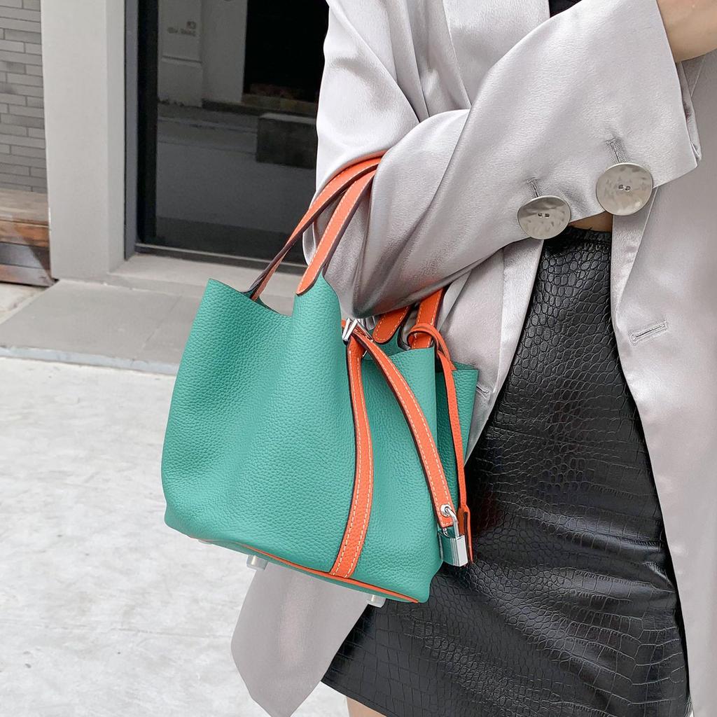 Damenhandtasche Togo-Leder Farbabstimmung Gemüsekorb Große Kapazität Handtasche Rindsleder Litschi-Muster Tasche Damen Kontrastfarbe Handtasche