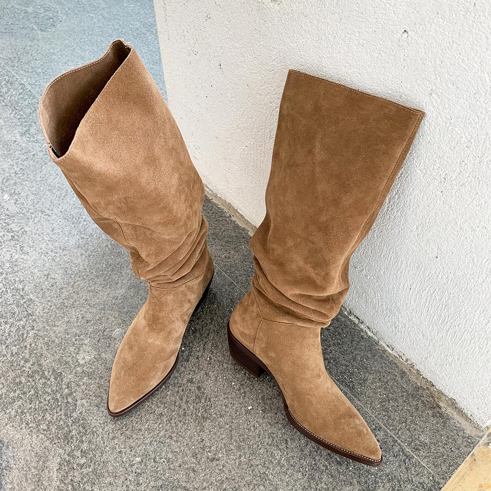 Fashion 2025 New Kid Suede Retro Women Boots Autumn Winter Slip-On Boots for Women Pointed Toe Square Heel Basic Shoes Knee-high boots