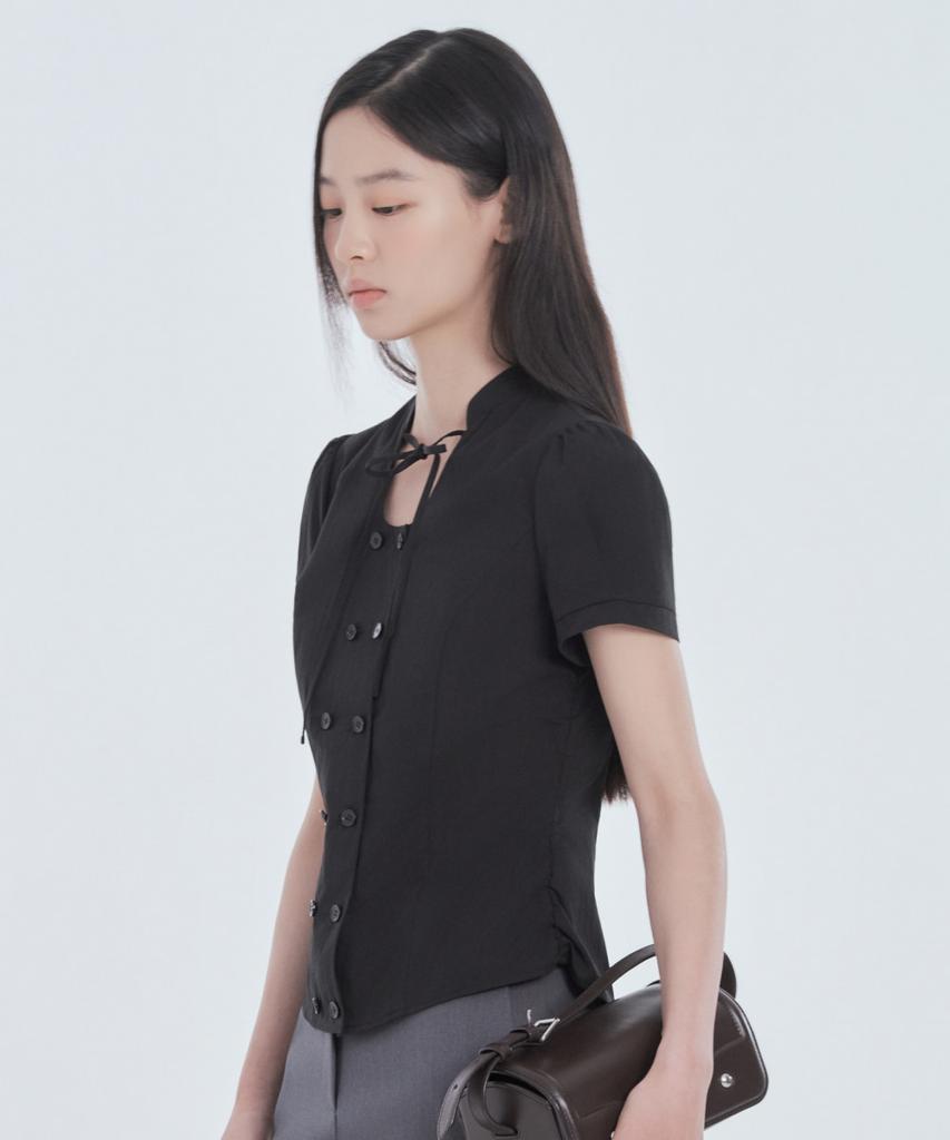 Mausolleum String Tie Double Button Blouse - Black