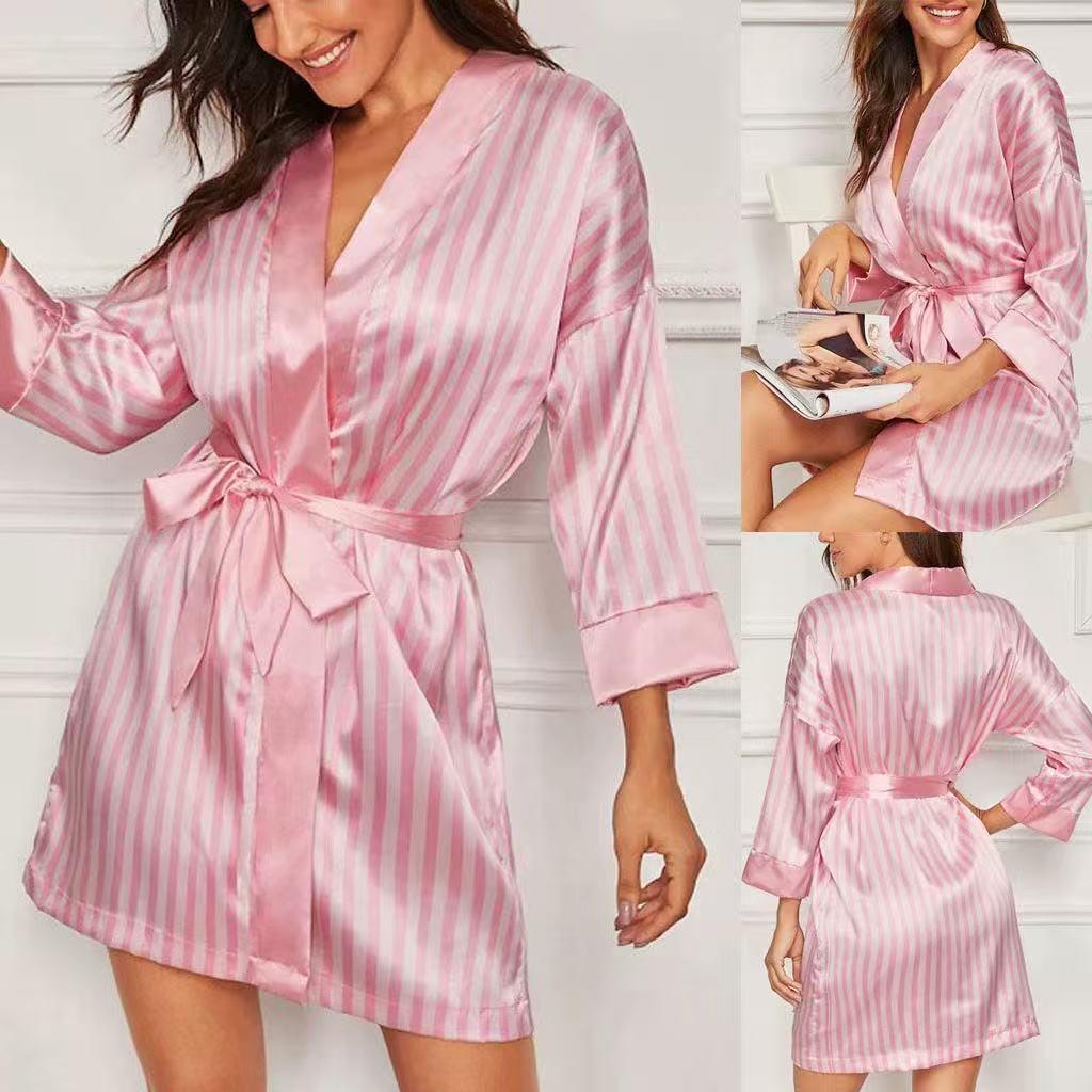 Pink Stripe European & American Sexy Lingerie Temptation Women's Bathrobe Nightgown