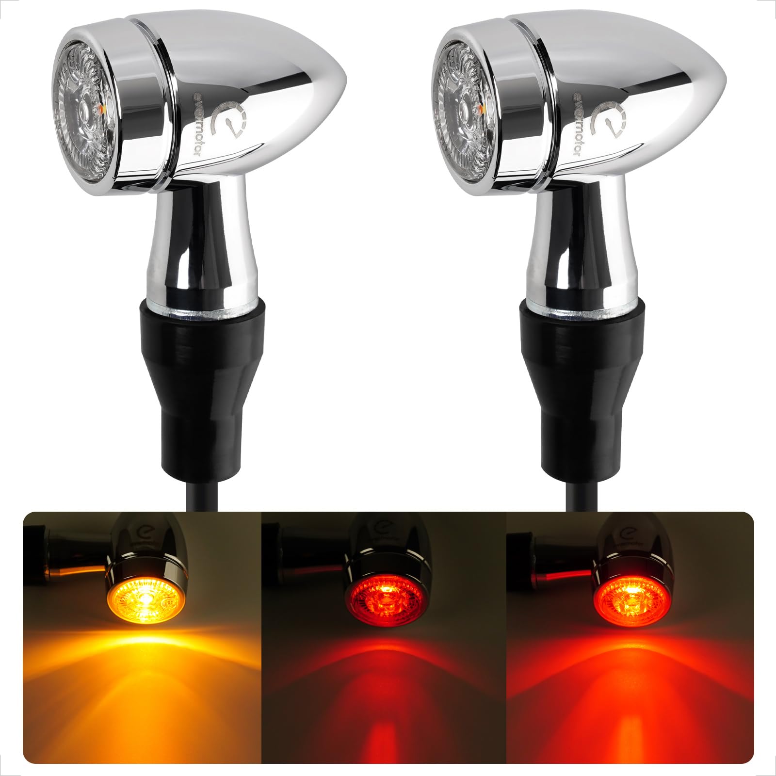 evermotor Chrome 3 in 1 Mini LED Motorcycle Turn Signal Light E Approved CNC CNC, yellow red, 2