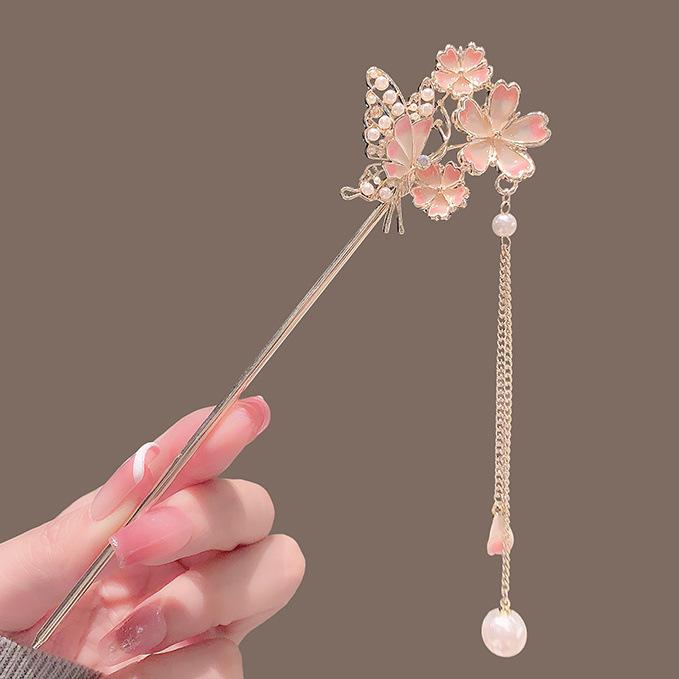Japanese Chinese Style Enamel Metal Flower Hair Sticks Pearl Tassel Hairpin  Hair Shopsticks Hanfu Hair Accessories
