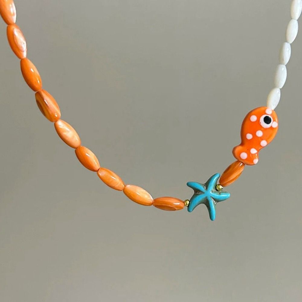 Bohemia Fish Pendant Necklace Colorful Beads Chain Choker Vintage Mini Fish Necklace  Vacation