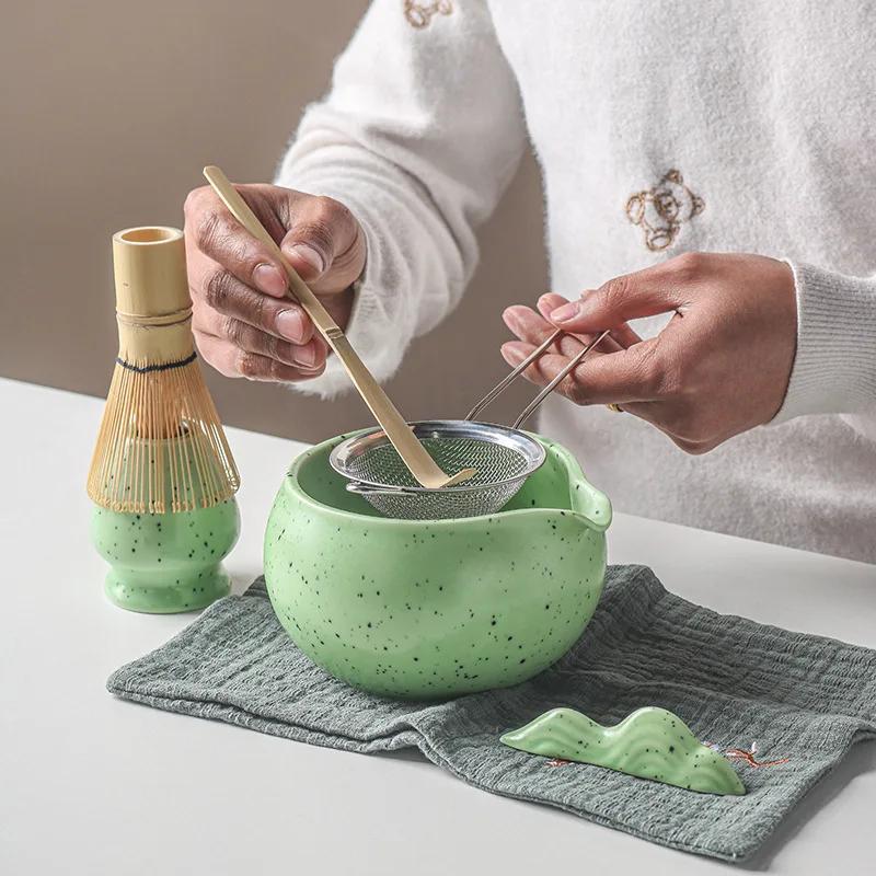1-8 Ceramic Matcha Sand Dot Small Round Bowl With Pouring Spout Smooth Matcha Whisk Holder Reusable Matcha Making Kit Tea Lovers