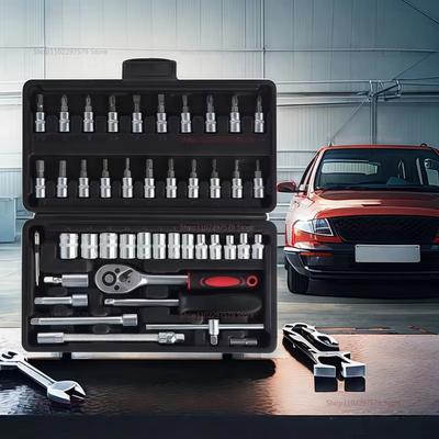 46dílná sada nářadí pro opravu auta 1/4palcová sada nástrčných klíčů Ráčna Nářadí pro automechanika pro údržbu vozidla a DIY opravu auta