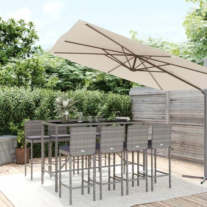 VidaXL Ensemble de bar de jardin 9 pcs avec coussins gris poly rotin, ensemble de table de bar, table et chaise de bar, 3187648