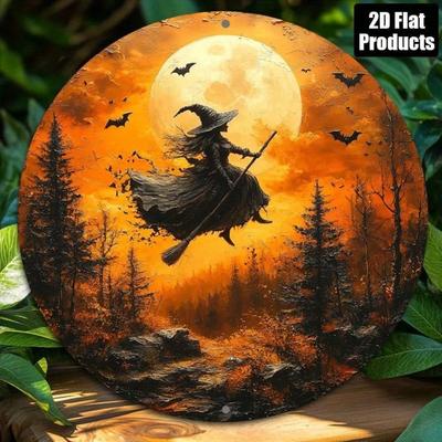 Halloween Witch Metal Wall Art 8 Inch Round Aluminum Decor Gift
