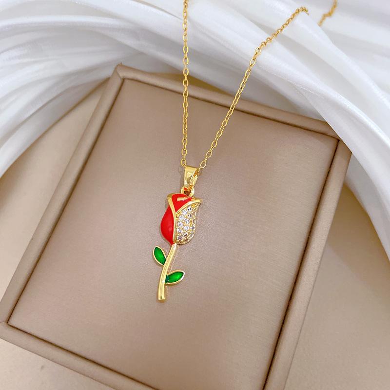 Titanium Steel Oil Drop Rose Fashion Light Luxury Temperament Gorgeous Full Diamond Necklace Female Versatile Collarbone Chain Titanium Steel Chain