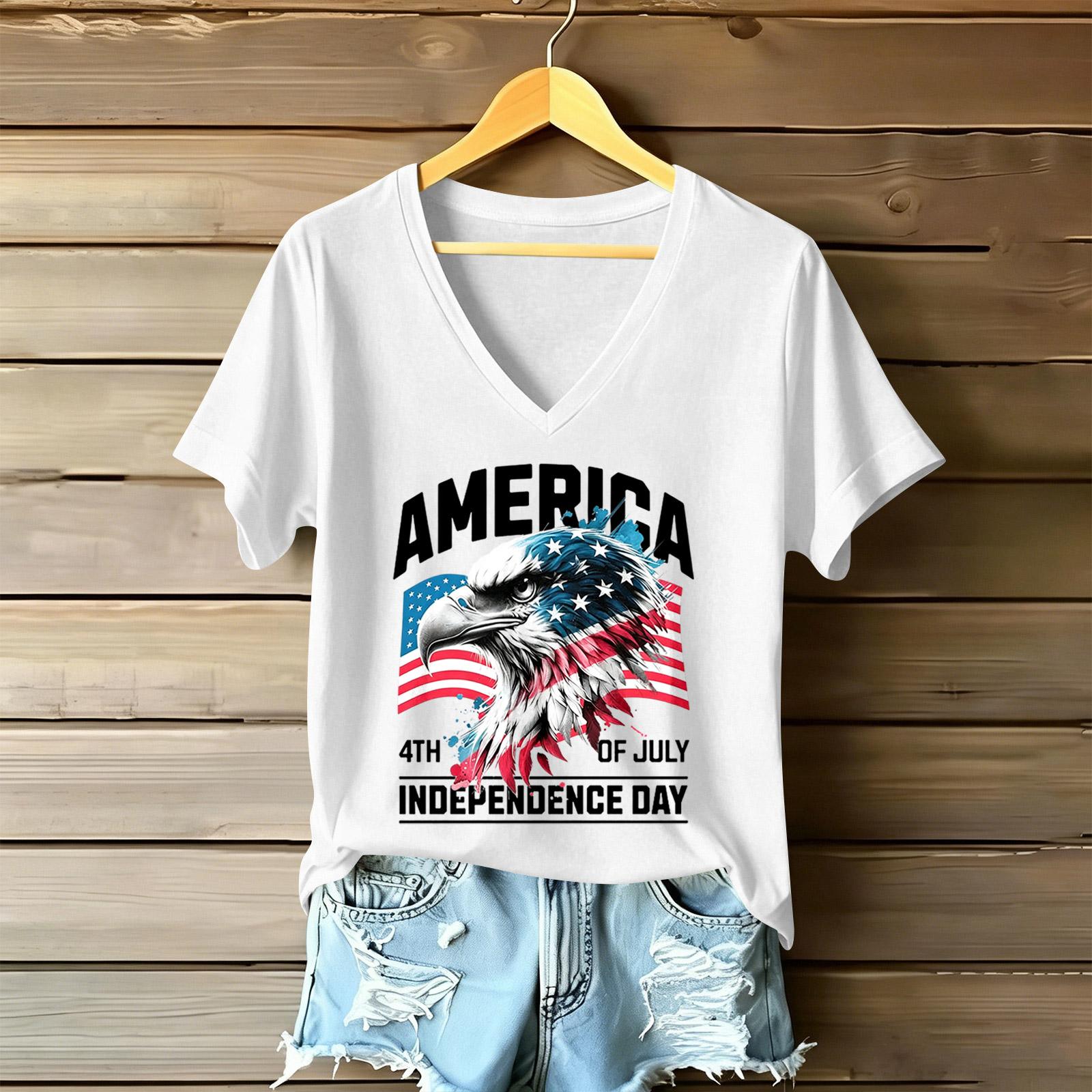 

Womens Casual V Neck Short Sleeve T Shirt with Graphic Print Independence Day Eagle and Flag Design Lightweight Summer Top XL білий