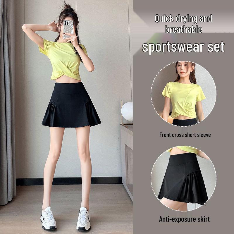 Women's Quick-Dry Badminton & Tennis Sportswear Set: Summer 2025 Short Sleeve Skirt for Fitness, Yoga, Morning Runs