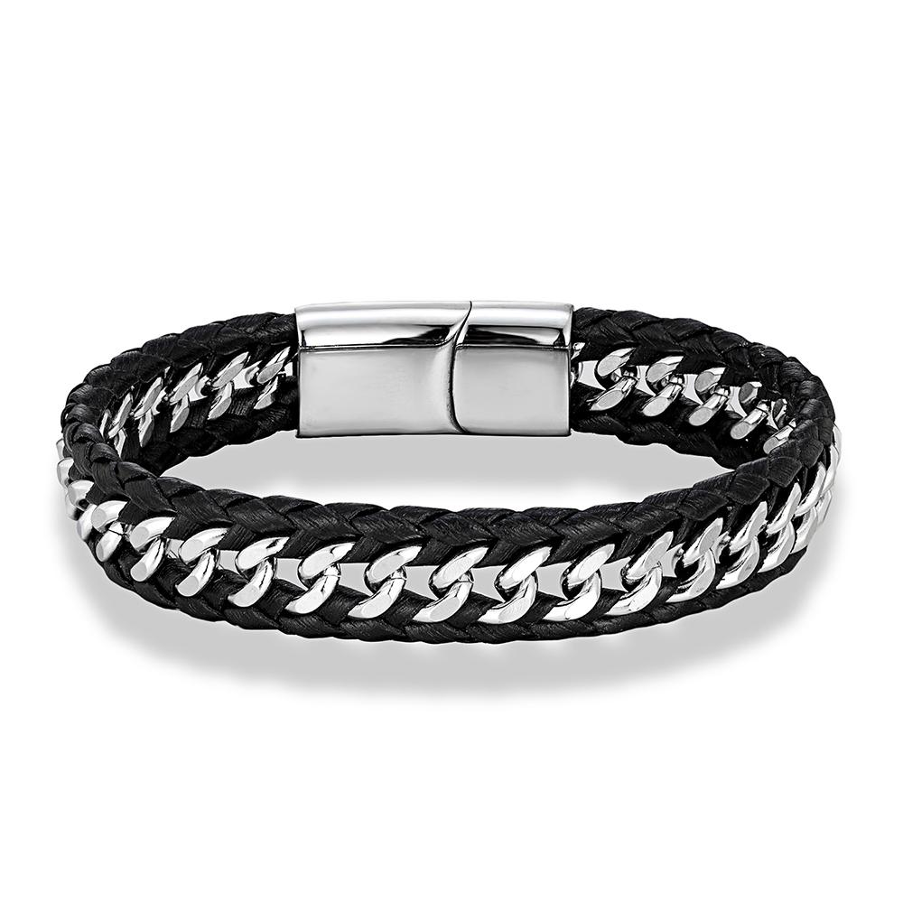 

Punk Men Braided Woven Black Leather Bracelets Black Stainless Steel Bangle for Friend Charm Fashion Jewelry Gifts 23cm срібний