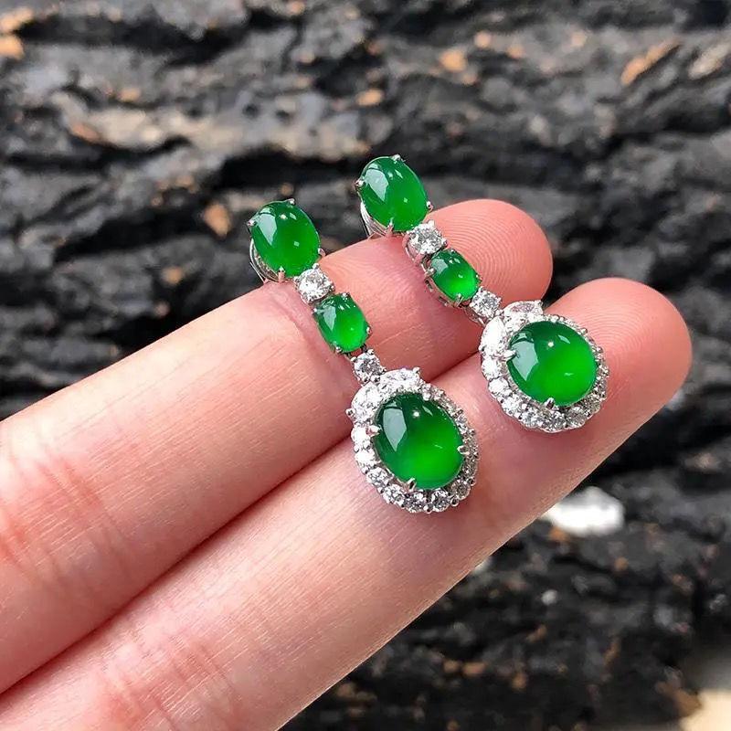 Natural Hetian Jasper Jadeite Oval Diamond Long Earrings Light Luxury Retro Charm Lady Chinese Style  Jewelry
