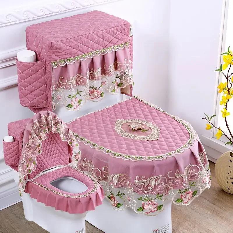Lace 3D Embroidered Toilet Three Piece Set U-shaped Zipper Closestool Cover with Storage Bag Feather Wave Edge Dust Cushion