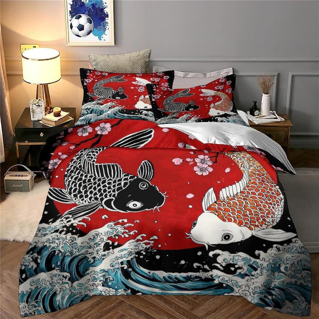 Koi Fish Quilt Cover 3D Print All Season 3Pcs Bed Linen Hidden Zipper Japanese Duvet Cover Ultra Soft  For Adults Teens Women