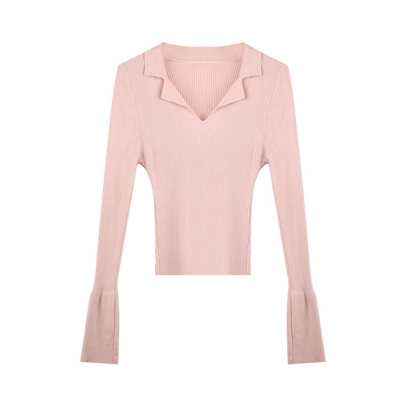 Polo Collar Knitted Sweater for Women's Early Autumn New Style Pullover, Versatile Base Layer, Slimming and Figure-hugging Flared Sleeve Top