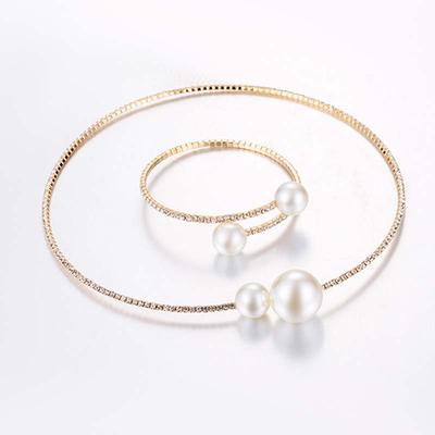 Fashion Pearl Crystal Boutique Two-piece Bangle Alloy Short Clavicle Necklace Bracelet Set Jewelry Set Anniversary Women Gift BH