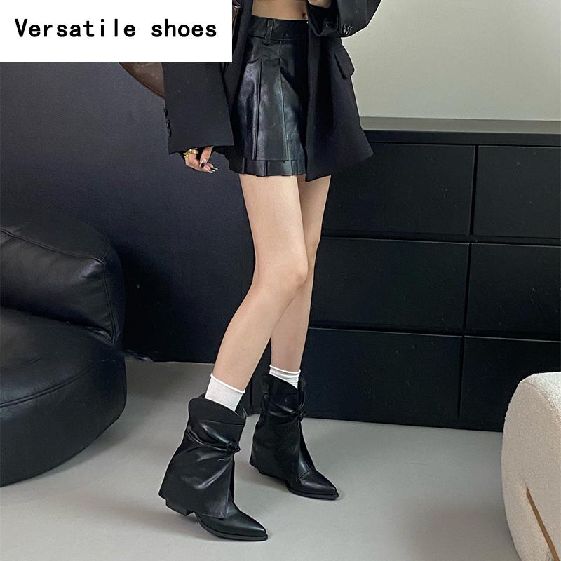 Vintage Thick Heel Women Ankle Boots Fashion Pointed Toe Slip On Shoes Autumn Winter Laides Concise Short Booties