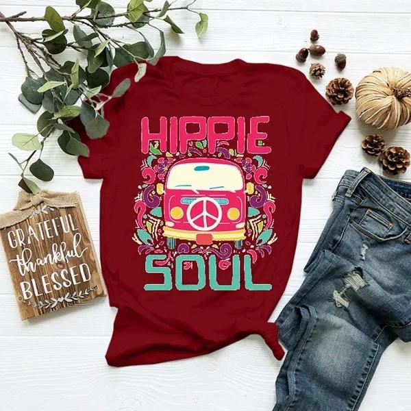 

HIPPIE SOUL Футболка с принтом автобуса для женщин с коротким рукавом и круглым вырезом, свободная летняя женская футболка, топы, женские футболки XXXL бордовый