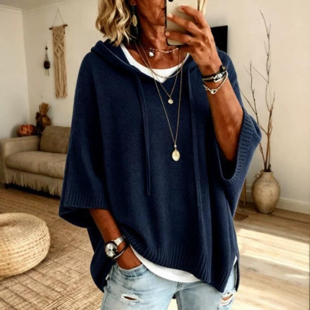 New Knitted Drawstring Hoodie Sweater, Loose Knit Hooded Outerwear for Women