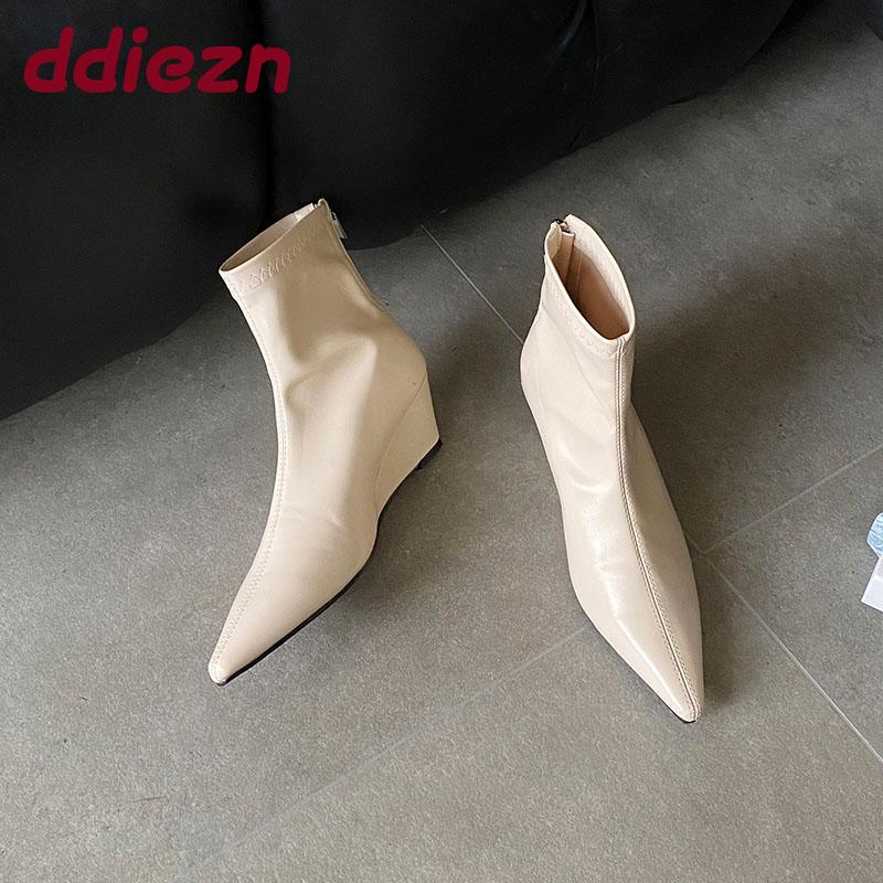 Fashion Pointed Toe Modern Ladies Ankle Boots With Wedges Shoes Fashion Elastic Women Short Stretch Boots Female Zippers Shoes