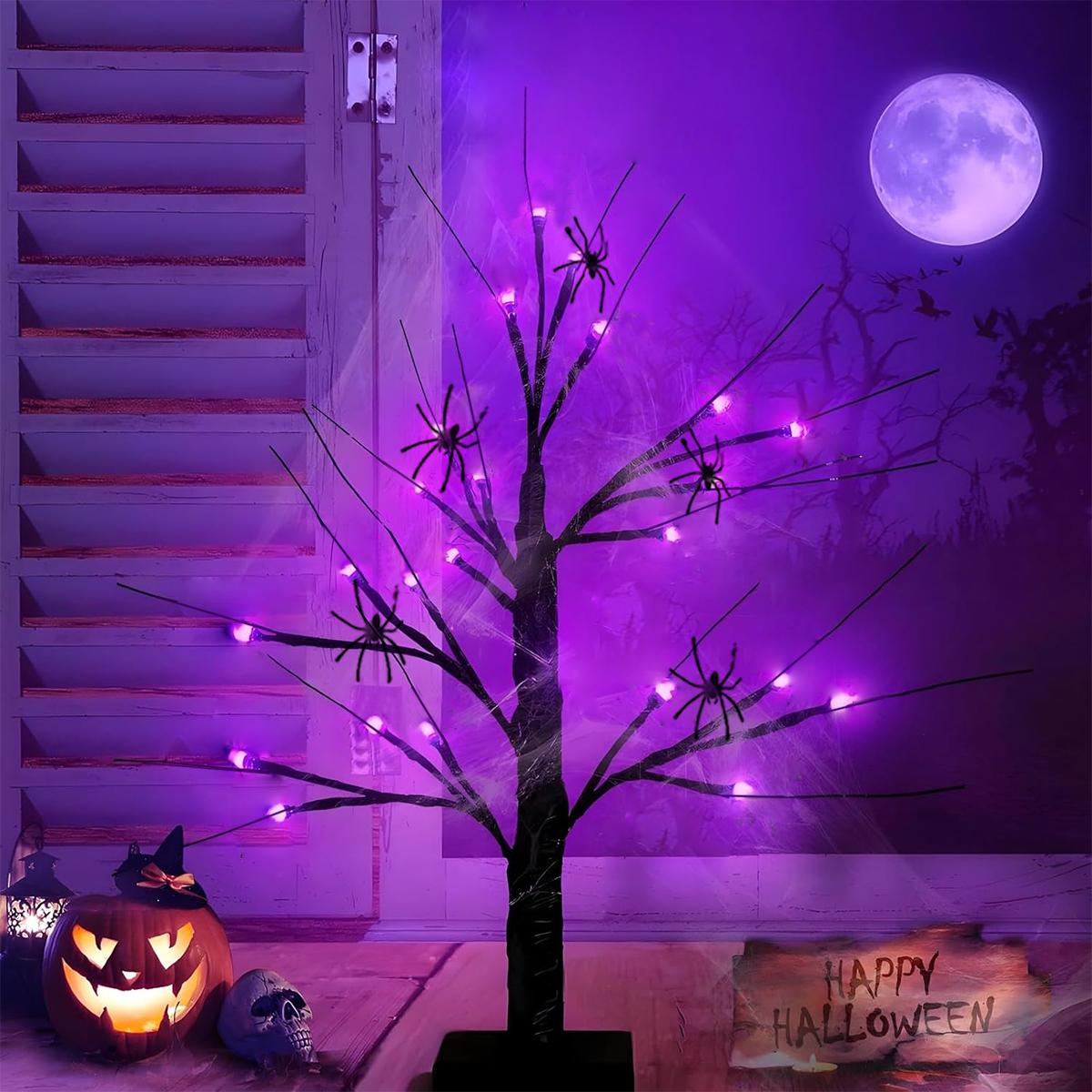 

1 Set 24LED Halloween Black Birch Tree with Spider & Stretch Cobweb Purple Table Lights For Home Indoor Party Halloween Decor 24LED фиолетовый