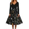 Women's Casual Vintage V Neck Dress Halloween Print Long Sleeve Retro Style A Line Midi Dress with Waist Tie Belt