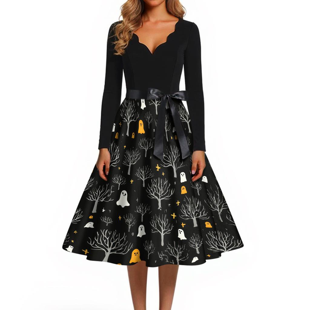 Women's Casual Vintage V Neck Dress Halloween Print Long Sleeve Retro Style A Line Midi Dress with Waist Tie Belt