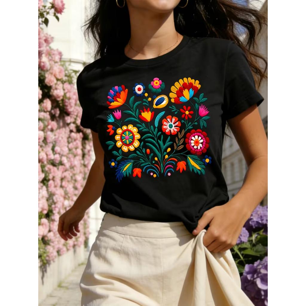 Floral Fiesta Letter Print T-shirt, Casual Short Sleeve Crew Neck Top Women's Clothing